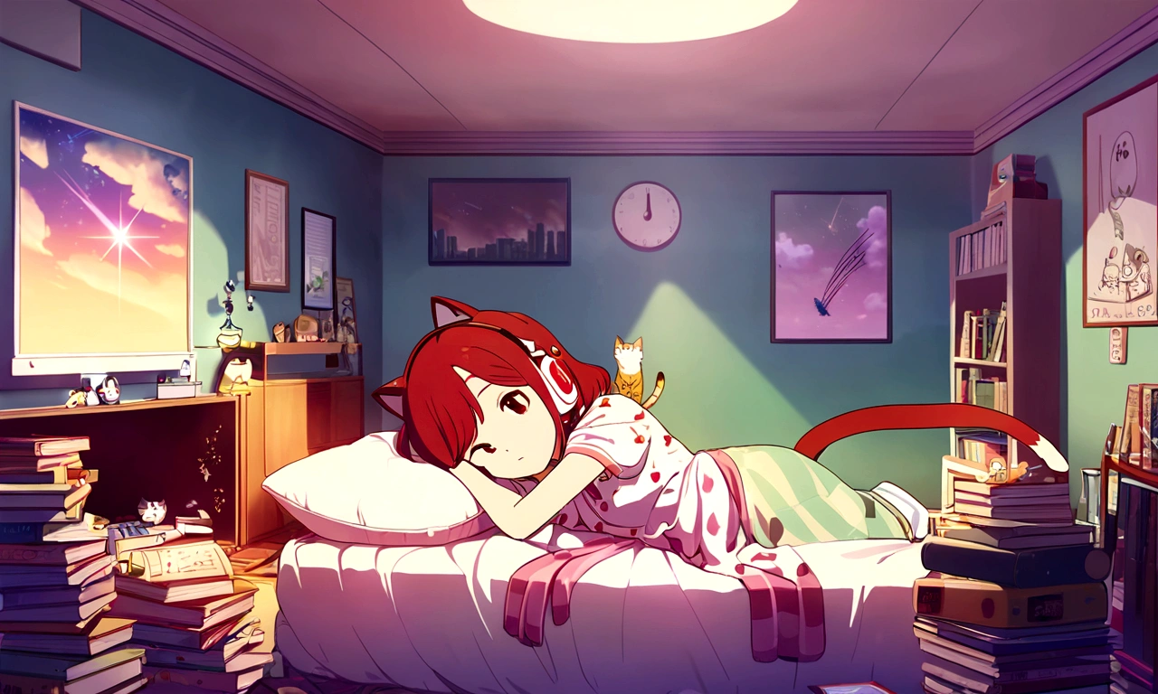 lofi,music,home,girl,headphone, the anime one,midnaight,tokyo,Altocumulus,brownred hair,sleep,white bed,simple home,rolling cat,earring,good study,80&#39;s,many books,home wear,shooting star,high resolution,1080P,Beautiful girl