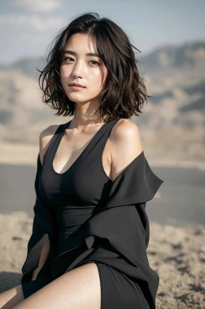 You are a professional photographer。 , short hair blown by the wind. She has a faint smile , Perfect Eyes, Perfect hands, Perfect body, Perfect Hair, Accurate身体, masterpiece, Accurate, Anatomically correct, Rough skin, Very detailed, Advanced Details, high quality, 最high quality, High resolution, 16K, 8K, Looking into the camera,Bold mini dress、Thighs