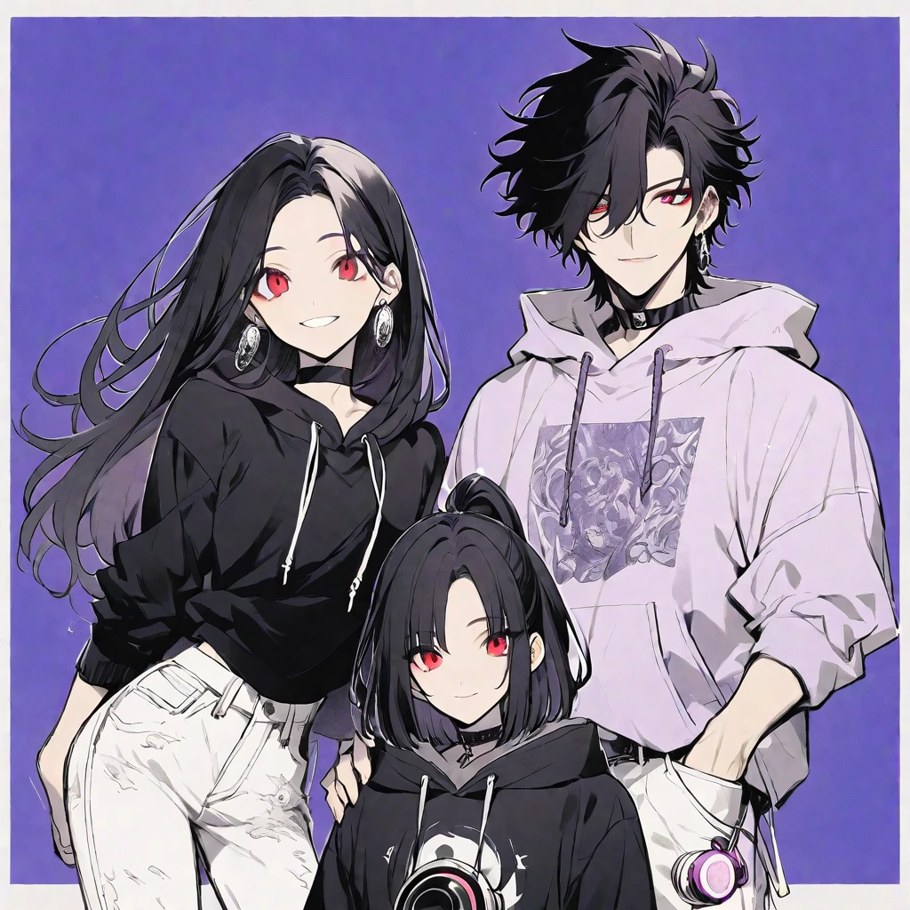 独奏, handsome, monotone,
1. male,
,Straight Hair,Bob Hair, ponytail,
black hair, 
Gojo Satoru ,
red Eyes,Soft look,beautiful,beautiful,sexly,Darkness,Lots of silver earrings,choker,
White Distressed jeans, hoodie ,smile,skin,buzzer,
simple background ,
purple background,