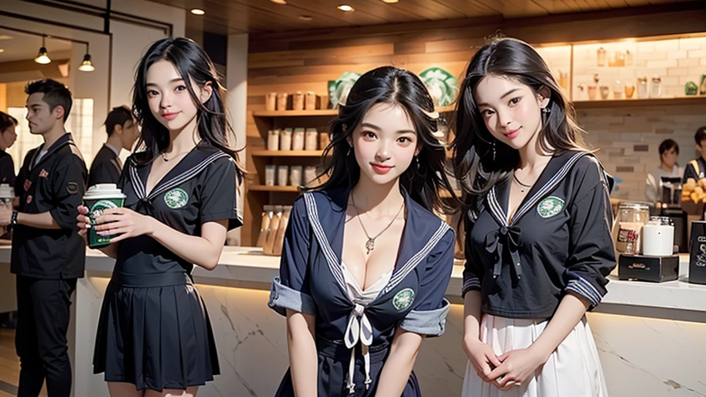 8K、RAW Photos、Highest quality、Super detailed、Super Resolution、Ultra HD、8K壁紙、Amazing details
(((Inside the Starbucks store)))、((((16 year old high school girl in sailor suit))))、Eat cake、Drink coffee、smile、Heart Necklace(((Emphasize cleavage)))
(Full body photo)
