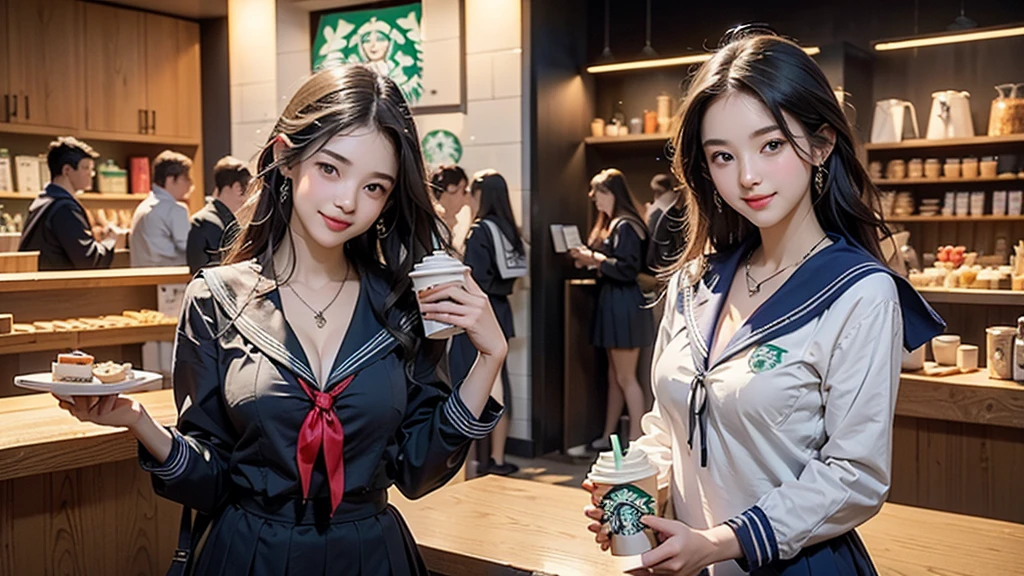 8K、RAW Photos、Highest quality、Super detailed、Super Resolution、Ultra HD、8K壁紙、Amazing details
(((Inside the Starbucks store)))、((((16 year old high school girl in sailor suit))))、Eat cake、Drink coffee、smile、Heart Necklace(((Emphasize cleavage)))
(Full body photo)
