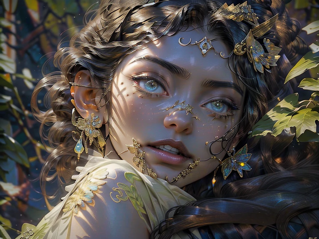 This is、It's a masterpiece of realistic fantasy with lots of sparkles, Glitter, and intricate ornate details. Produces one  woman with a beautiful delicate crown sitting on a garden swing at night. She is a beautiful and seductive butterfly queen with stunning curly black hair, (((Incredibly realistic and detailed dynamic eyes in bright colors with realistic shading))).  Her skin is translucent white, Her eyes are shining, And her dress is elegant. Her dress is spun with delicate and finest gossamer silk, Convoluted, Delicate floral details and gold silk butterfly sleeves. Her face is lovely and lonely. Include flowers that glow in the dark, Lots of particles, Highly realistic fantasy butte fly with translucent gem-colored wings and fine details, And shine. Artwork done in the style of Guviz、Trending fantasy titles from Artstation and Midjourney、Reminds of the masters of this genre. camera: Using dynamic composition techniques、Emphasizes ethereal delicacy and delicate details.