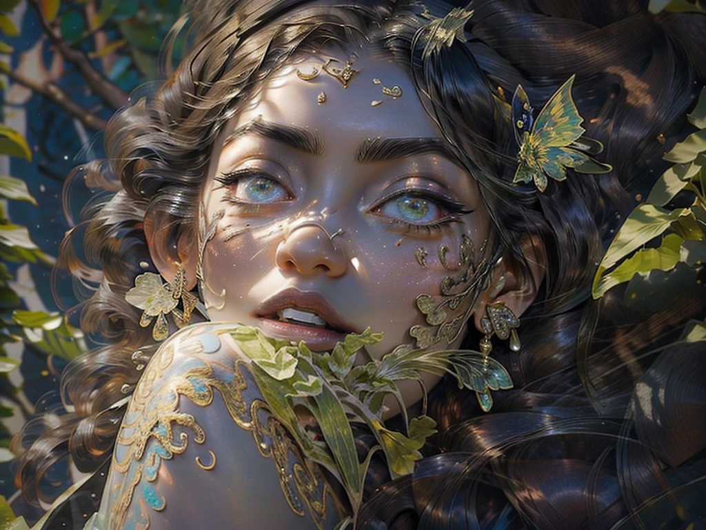 This is、It's a masterpiece of realistic fantasy with lots of sparkles, Glitter, and intricate ornate details. Produces one  woman with a beautiful delicate crown sitting on a garden swing at night. She is a beautiful and seductive butterfly queen with stunning curly black hair, (((Incredibly realistic and detailed dynamic eyes in bright colors with realistic shading))).  Her skin is translucent white, Her eyes are shining, And her dress is elegant. Her dress is spun with delicate and finest gossamer silk, Convoluted, Delicate floral details and gold silk butterfly sleeves. Her face is lovely and lonely. Include flowers that glow in the dark, Lots of particles, Highly realistic fantasy butte fly with translucent gem-colored wings and fine details, And shine. Artwork done in the style of Guviz、Trending fantasy titles from Artstation and Midjourney、Reminds of the masters of this genre. camera: Using dynamic composition techniques、Emphasizes ethereal delicacy and delicate details.