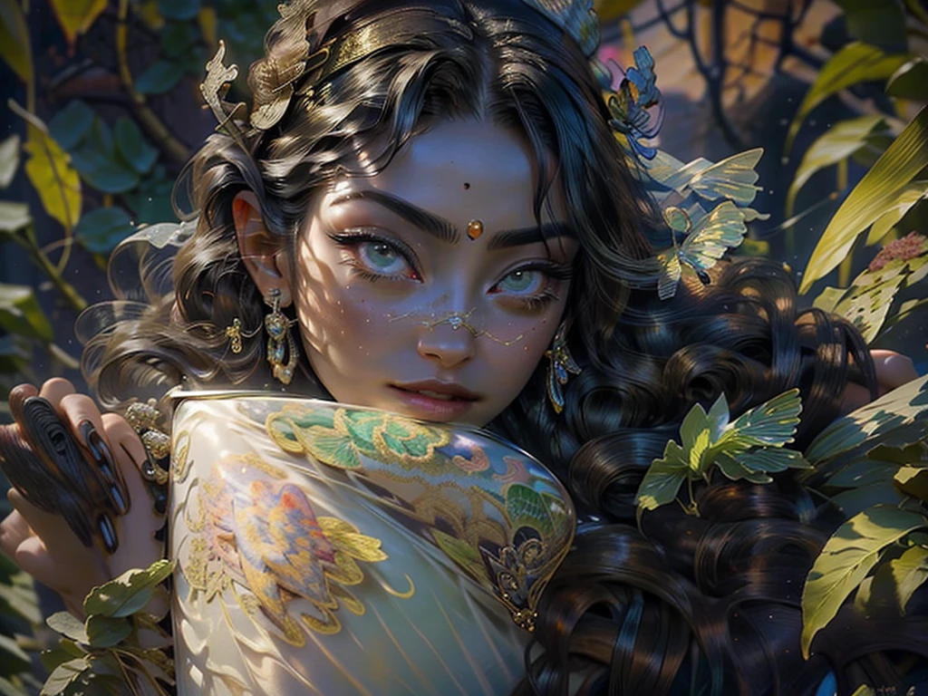 This is、It's a masterpiece of realistic fantasy with lots of sparkles, Glitter, and intricate ornate details. Produces one woman with a beautiful delicate crown sitting on a garden swing at night. She is a beautiful and seductive butterfly queen with stunning curly black hair, (((Incredibly realistic and detailed dynamic eyes in bright colors with realistic shading))). Her skin is translucent white, Her eyes are shining, And her dress is elegant. Her dress is spun with delicate and finest gossamer silk, Convoluted, Delicate floral details and gold silk butterfly sleeves. Her face is lovely and lonely. Include flowers that glow in the dark, Lots of particles, Highly realistic fantasy butte fly with translucent gem-colored wings and fine details, And shine. Artwork done in the style of Guviz、Trending fantasy titles from Artstation and Midjourney、Reminds of the masters of this genre. camera: Using dynamic composition techniques、Emphasizes ethereal delicacy and delicate details.