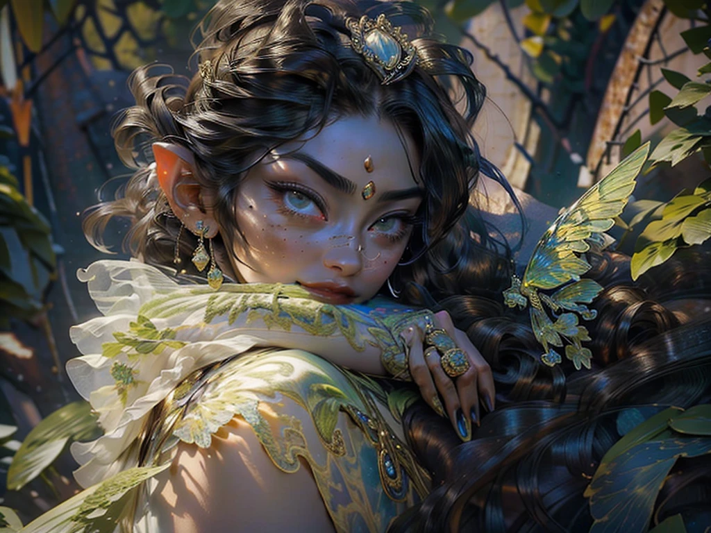 This is、It's a masterpiece of realistic fantasy with lots of sparkles, Glitter, and intricate ornate details. Produces one woman with a beautiful delicate crown sitting on a garden swing at night. She is a beautiful and seductive butterfly queen with stunning curly black hair, (((Incredibly realistic and detailed dynamic eyes in bright colors with realistic shading))). Her skin is translucent white, Her eyes are shining, And her dress is elegant. Her dress is spun with delicate and finest gossamer silk, Convoluted, Delicate floral details and gold silk butterfly sleeves. Her face is lovely and lonely. Include flowers that glow in the dark, Lots of particles, Highly realistic fantasy butte fly with translucent gem-colored wings and fine details, And shine. Artwork done in the style of Guviz、Trending fantasy titles from Artstation and Midjourney、Reminds of the masters of this genre. camera: Using dynamic composition techniques、Emphasizes ethereal delicacy and delicate details.