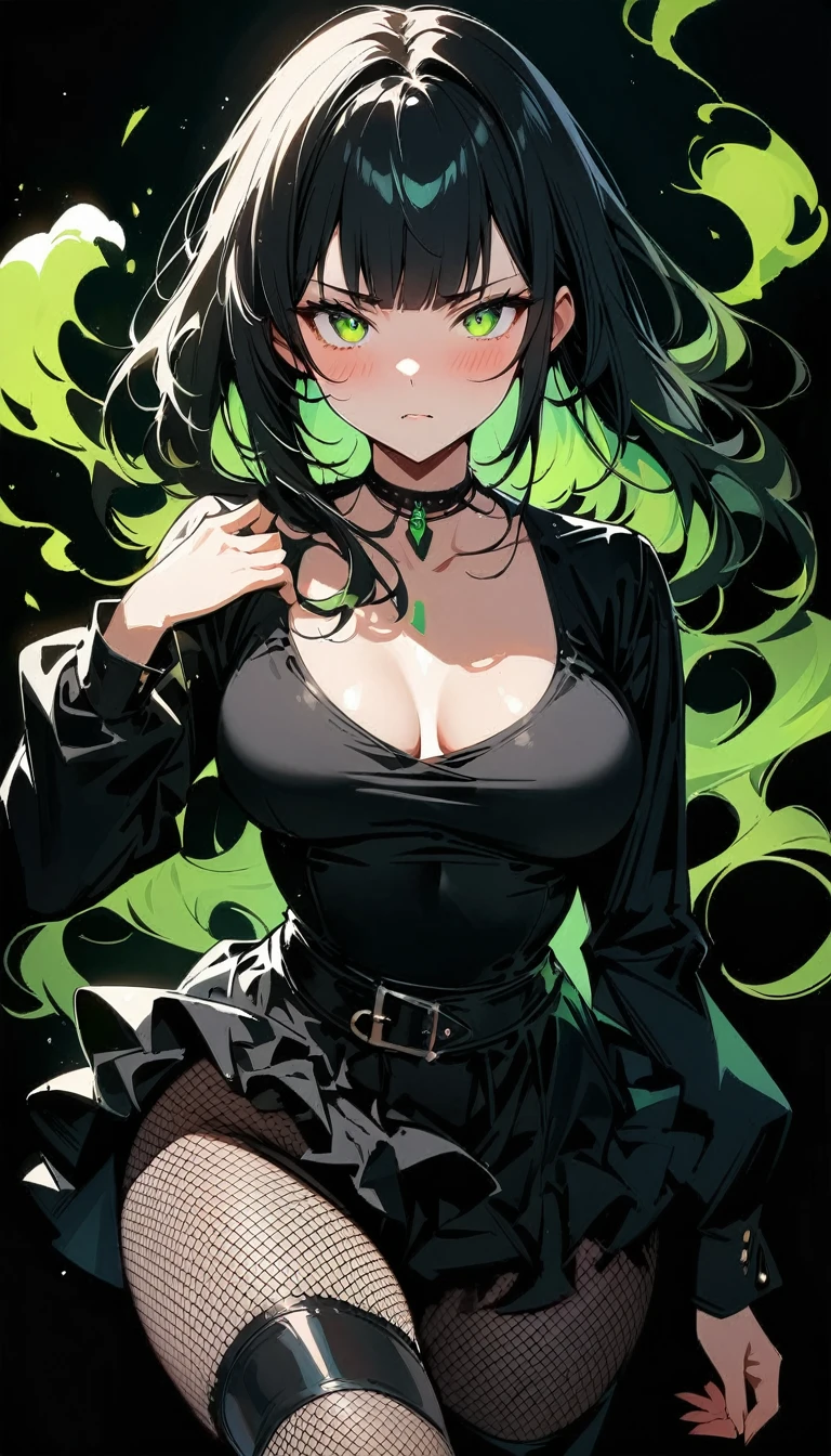 (high quality, 8k, 4K, high contrast, artwork:1.2, high quality, best aesthetics), (dynamic angle), ((1 woman)), erotic, sensual, mature body, super detailed, beautiful face detailed, beautiful eyes detailed, detailed beautiful mouth, sexy body, perfect breats, perfect wide thighs, (short black hair with bangs and green highlights), (green eyes), (penetrating gaze), (serious expression), (blushing), (black top shirt with loose long sleeves), (neckline), (black ruffled skirt), (black fishnet tights), (standing), (centered), (looking at viewer), (black background with green smoke)