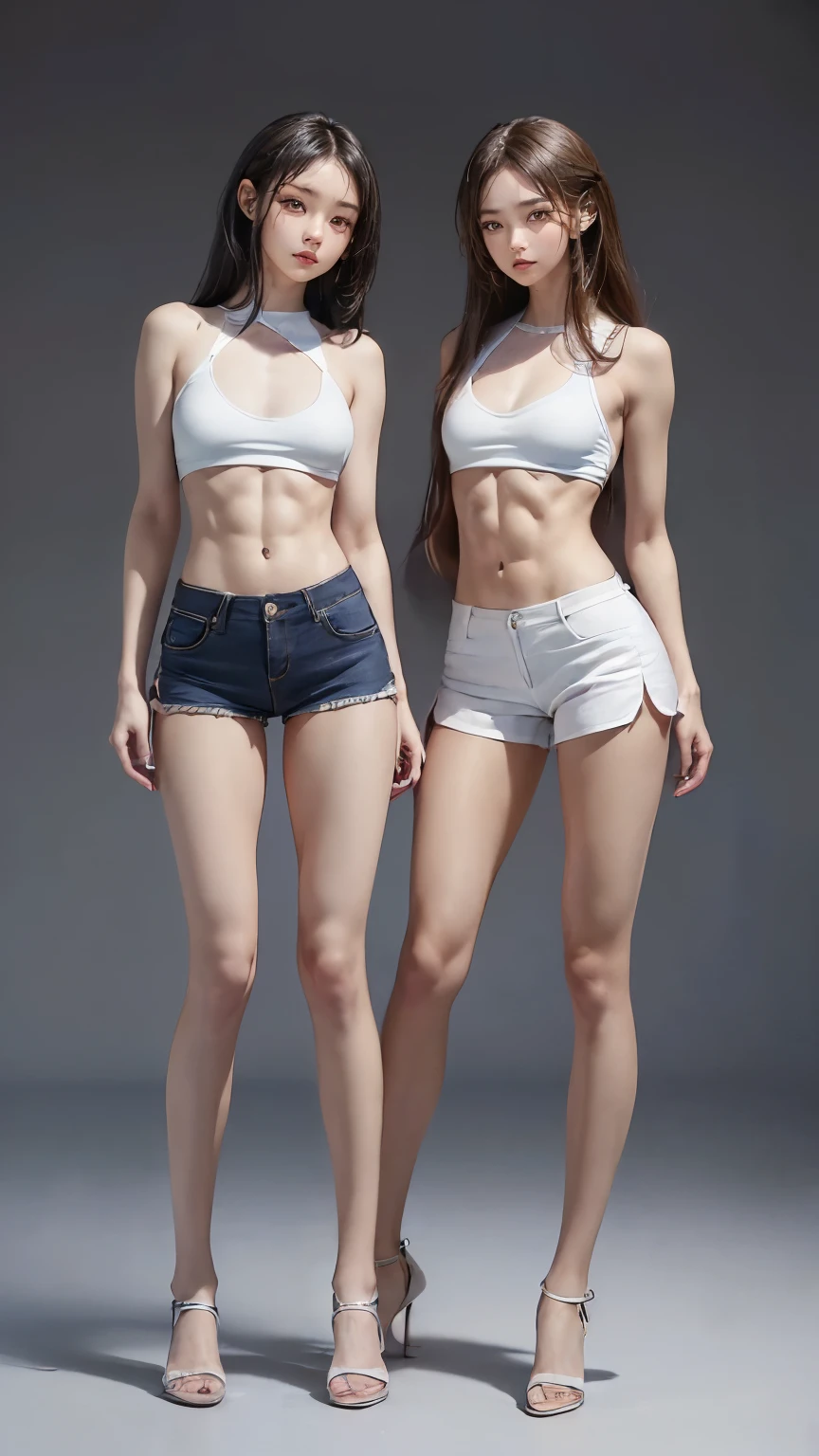 (8K、Raw photo、最high quality、masterpiece:1.5),(((((((Both of them stand with their legs apart:1.9))))))),(((((Both of them have an inseam that is more than half their height.:1.8))))),((Both have bare legs:1.6)),((Both of them are super slim:1.4))，(((((Two girls who look just like WONYOUNG from the k-pop group IVE were photographed:1.9))))),(((They both have super skinny legs:1.6))),(((Both are 173cm tall:1.4))),((Perfect k-pop IVE WONYOUNG style duo:1.4)),(((((Both of them take full body shots:1.8))))),((((Both of you should face your whole body straight ahead.:1.8)))),(((Photographed from below to show the whole body of the legs so that they look longer.:1.7))),Skin irregularities are reproduced in minute detail:1.4, (Super thin waist: 1.2),((超Thin thighs:1.3)), Thin buttocks,Open the navel,１Detailed reproduction of the navel,((Perfect super slim legs:1.3)),(((both of them are the same height:1.3))),(((Both of them have amazingly slim figures.:1.2))),(((Both are wearing micro shorts with a rise of 15cm and an inseam of 1cm.:1.8))),(Both are :1.2),((((Both of them are extremely exposed.:1.7)))),(((((Both of them have super-strong abs:1.9))))),((Both of them were wearing short, form-fitting white sports bras.:1.4)),(((Big boobs but no bra:1.4))),(((Both of them had high, erect nipples clearly visible protruding from under their white sports bras.:1.4))),((((Standing in a fashionable theme park on a sunny day:1.4)))),Highly detailed face and skin texture,(Both of you stand with your legs straight and without bending your knees.:1.3),(((They&#39;re both the same height:1.4))),((Both of them look just like WONYOUNG from the K-pop idol IVE.:1.8)), ((((Sunny afternoon:1.3)))),((cute:1.4)),Both are fair-skinned Asians,,Both of them have beautiful eyes,,Both of them have beautiful eyes,,Both of them have beautiful noses, which are realistically reproduced.,Both of them have realistic eyes.,Both have beautiful mouths,((They both have beautiful fingers)),nail,Both of them have beautiful faces.,Both of their beautiful faces are realistically reproduced.,cute,(Ultra-Realistic Details), Natural Shadows,(Very small hips:1.4),Large firm breasts, Super long thighs,(((超Thin thighs:1.2))),(((Super slim calves))),(Both of them have the slender bodies of well-trained track and field athletes.:1.5),(Super muscular body:1.5),Super toned waist,(Super thin waist:1.3),((White high heels:1.2)),lengthen limbs,(((((Shooting the whole body from calf height:1.6))))),(Both of them have slim, toned ankles.:1.2),((((Wide open abdomen:1.5)))),Hands on hips,Both of them face forward,((Both figures have detailed and clear reproduction of the crotch area.)),((Super long legs:1.3)),Thin thighs,((Both of them have bare legs.:1.6)),((Both of them are showing off their legs in a very extreme way.:1.5),((Both of them are showing off their bellies in an extremely extreme way.:1.4),(Black hair ponytail),(Neither of them wears tights or socks.:1.5),((Both of them stand up straight.)),((Keep your hips facing forward:1.5)),2人とも8頭身スタイルBeauty,The ankles are super thin,The arms are very thin and muscular,Make your arms thinner,(((Clearly reproduces the skin texture of the legs down to the finest detail))),Faithfully reproducing the fingers of the hand,(Both of them have super long legs.),(Accurate reproduction of each finger:1.3),(((Each toe is accurately reproduced:1.2))),The middle of the thighs are very thin,(((Clearly reproduces the muscle texture of ultra-muscular and ultra-thin calf skin))),(((超筋肉質な超Thin thighsの肌の筋肉質感を明確に再現する))),(Very tight waist:1.2),((Both of them have an inseam that is more than half their height.の美脚:1.6)),(Extremely thin thighs:1.3),Beauty,Fine skin,Firm skin,(((Both of them should fit from the top of their heads to the toes of their heels.:1.5))),(((They both have super skinny legsの肌を細部まで忠実に再現する))),(Both of them are super muscular and have super thin legs with realistic skin.:1.3),((Realistically reproduces the fine details of toned, slender leg skin:1.3)),((Dazzling Midsummer)),(((Both of them have super-strong quadriceps:1.6))),(((Both of them have extremely well-trained gastrocnemius and soleus muscles.:1.6))),((2人とも超細くてSuper long legs:1.2)),Front lighting,Super detailed, High detail, high quality, Awards,High resolution,(Anatomically correct:1.5)　