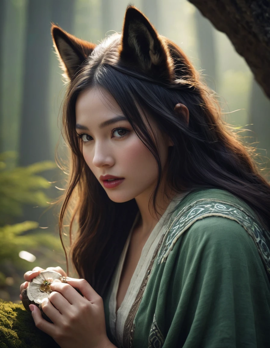 (Beautiful druid girl:1.3) Embrace the wolf  (Extremely detailed CG unity 8k wallpaper,masterpiece, best quality, Extremely detailed, eyes in beautiful detail:1.2),Better lighting, (Better shadows, Extremely refined, bloom), masterpiece, best quality:1.1, Practical:1.3, light:1.2, in a dark cave:1.5, Hyperrealism, Reality:1.0, Sharp focus:1.1, Depth of Field:1.1, 50 mm, Nathan Wirth&#39;s style, Hasselblad X1D II, Porta 160 pointed ear, Elf