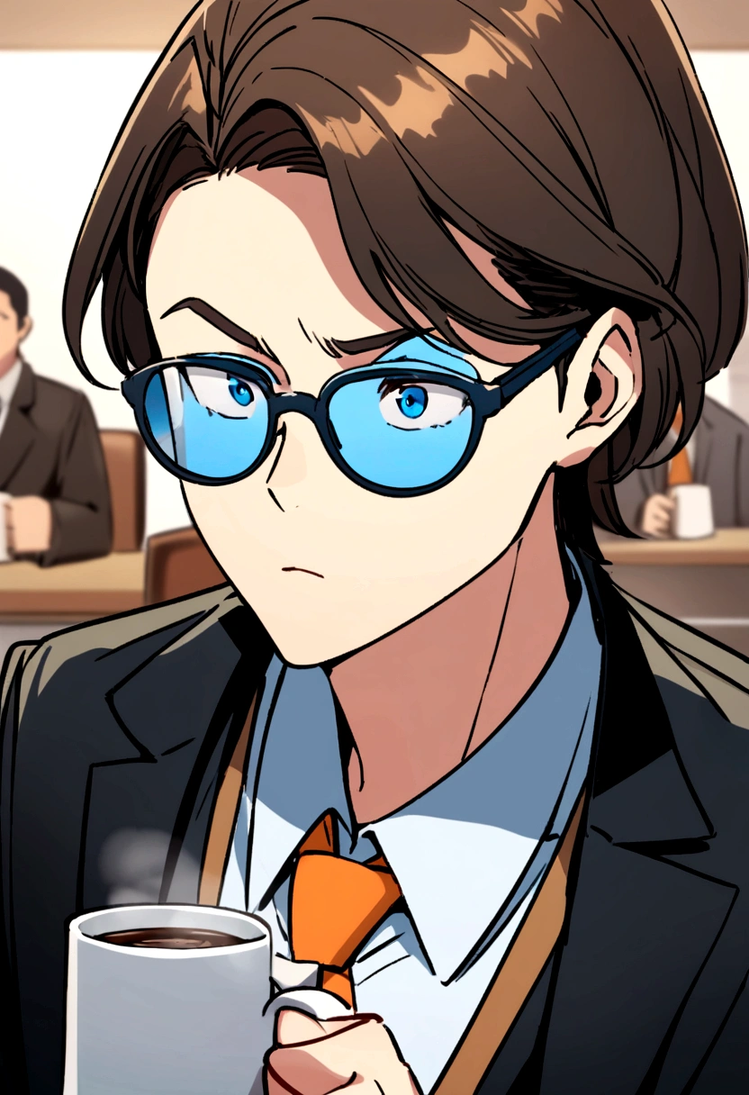 One wears blue glasses and an orange tie,Cartoon character of man in black coat office worker,Coffee-colored hair