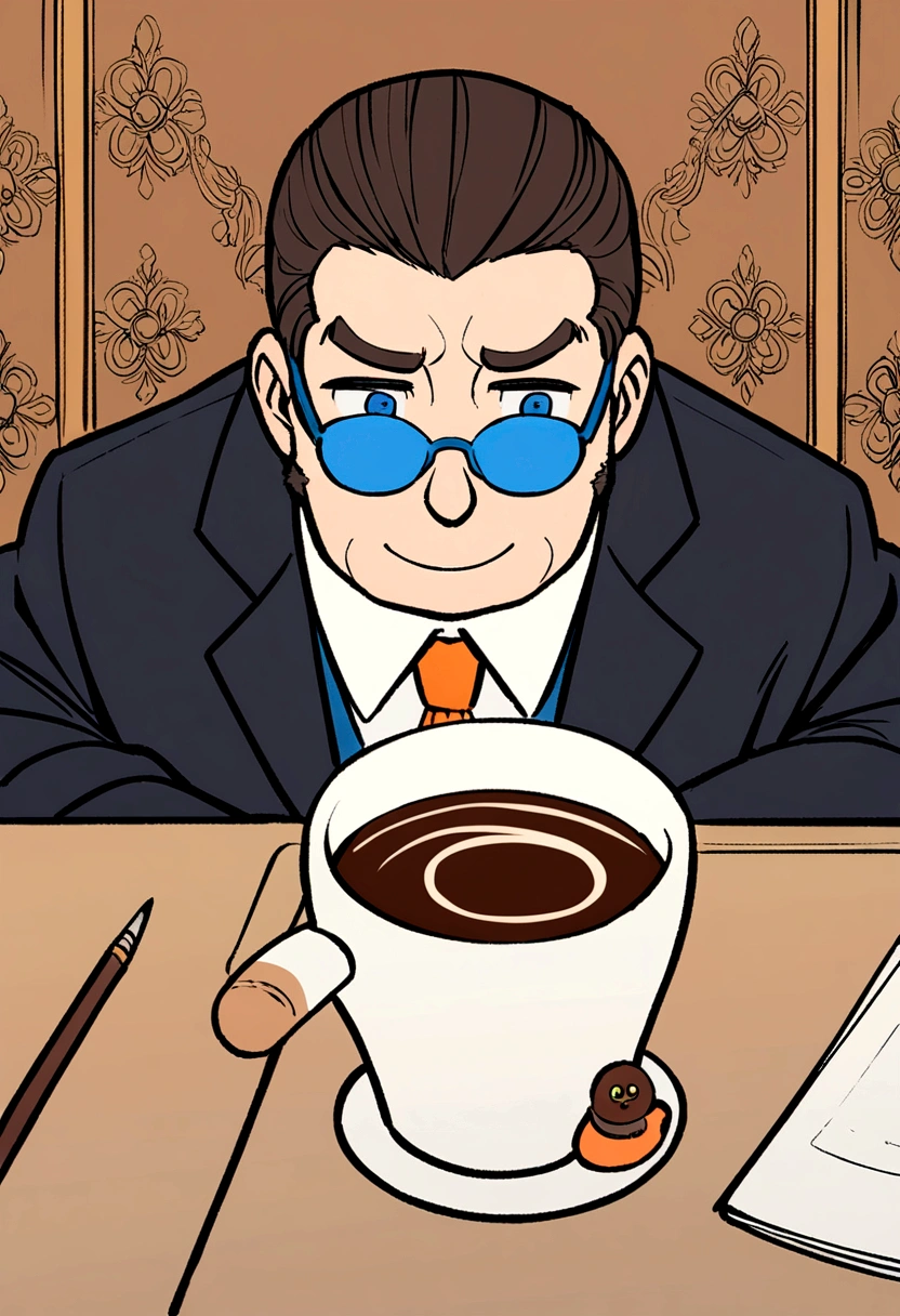 One wears blue glasses and an orange tie，Cartoon character of man in black coat office worker,Coffee-colored hair