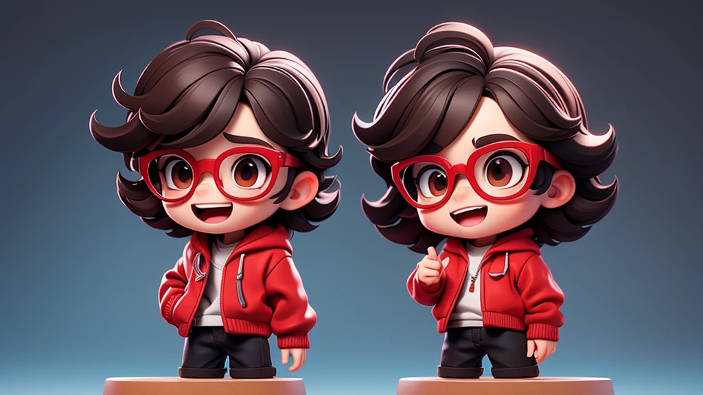 Surpise open mouth Boy chibi with Red pullover, dark brown eyes, black glasses, short long texture crop style hair. Clear Background