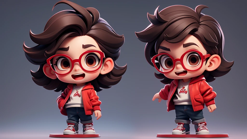 Surpise open mouth Boy chibi with Red pullover, dark brown eyes, black glasses, short long texture crop style hair. Clear Background