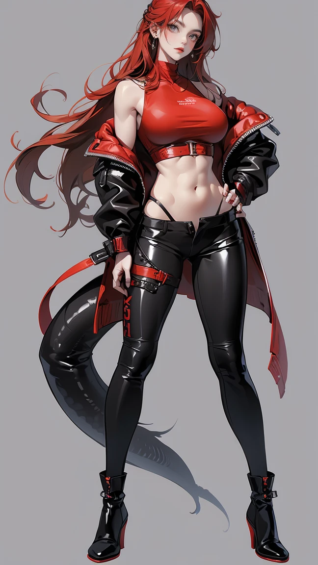 Highest quality、masterpiece、8K、Realistic、超High resolution、Very delicate and beautiful、High resolution、Muscle Girl、Dragon Girl、Perfect female body、Beautiful woman、Mature Woman、Red Hair、Unkempt long hair、Toned body、Large Breasts 、Six Pack、I can see your belly、Tank top、Black leather pants、boots、Wild Pose、Full body emphasis、Simple Background