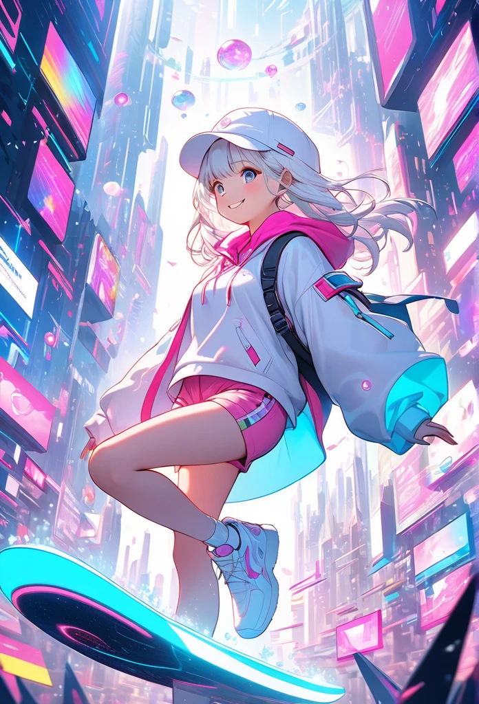 cute anime girl riding a colorful skateboard through a vibrant, futuristic digital landscape, long white hair with pastel pink highlights, wearing a cool white cap that emits glowing white particles, a colorful hoodie, pink shorts, and white sneakers, pink skateboard, surrounded by floating chats and words, smiling dynamically as she moves through the expansive, shiny internet space, best quality, 8k, ultra-detailed, cinematic lighting, vibrant futuristic colors, intricate textures, 1girl