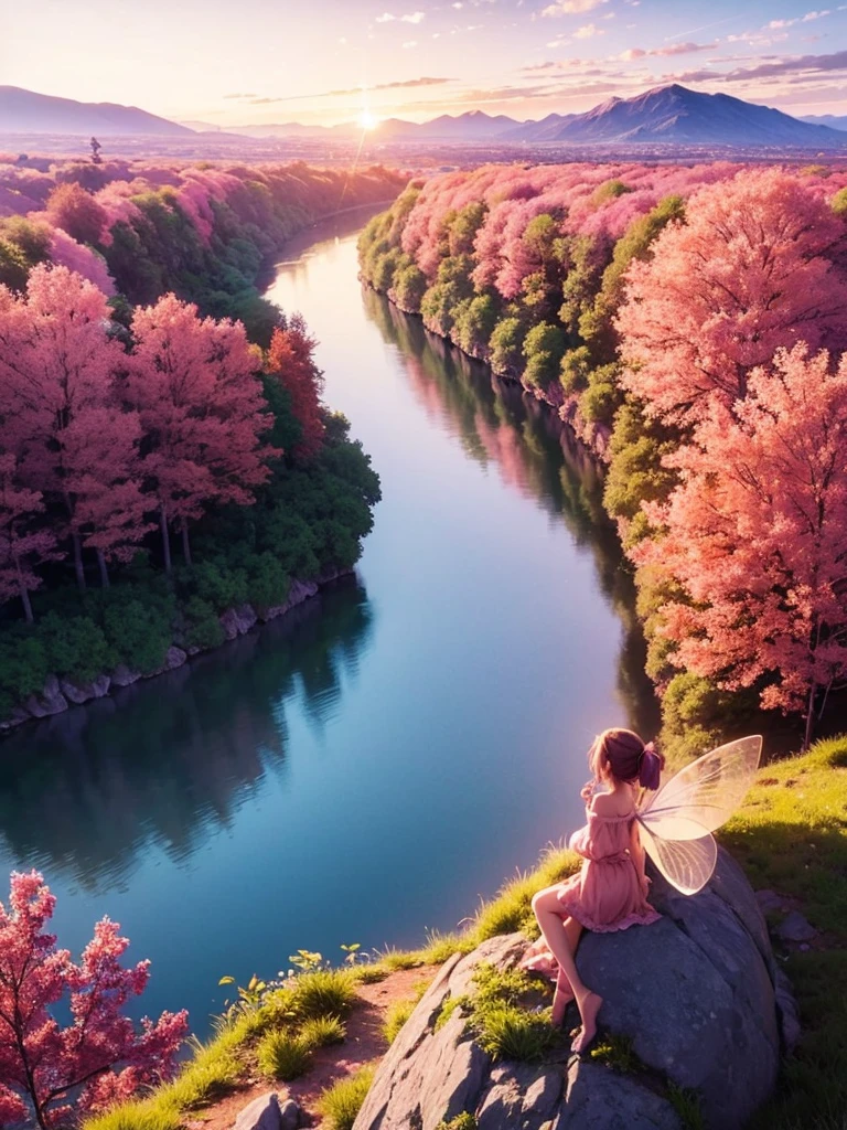 A small fairy with wings on top of mountain with pink trees surrounding her, a river below the place. Sunset on the background. 