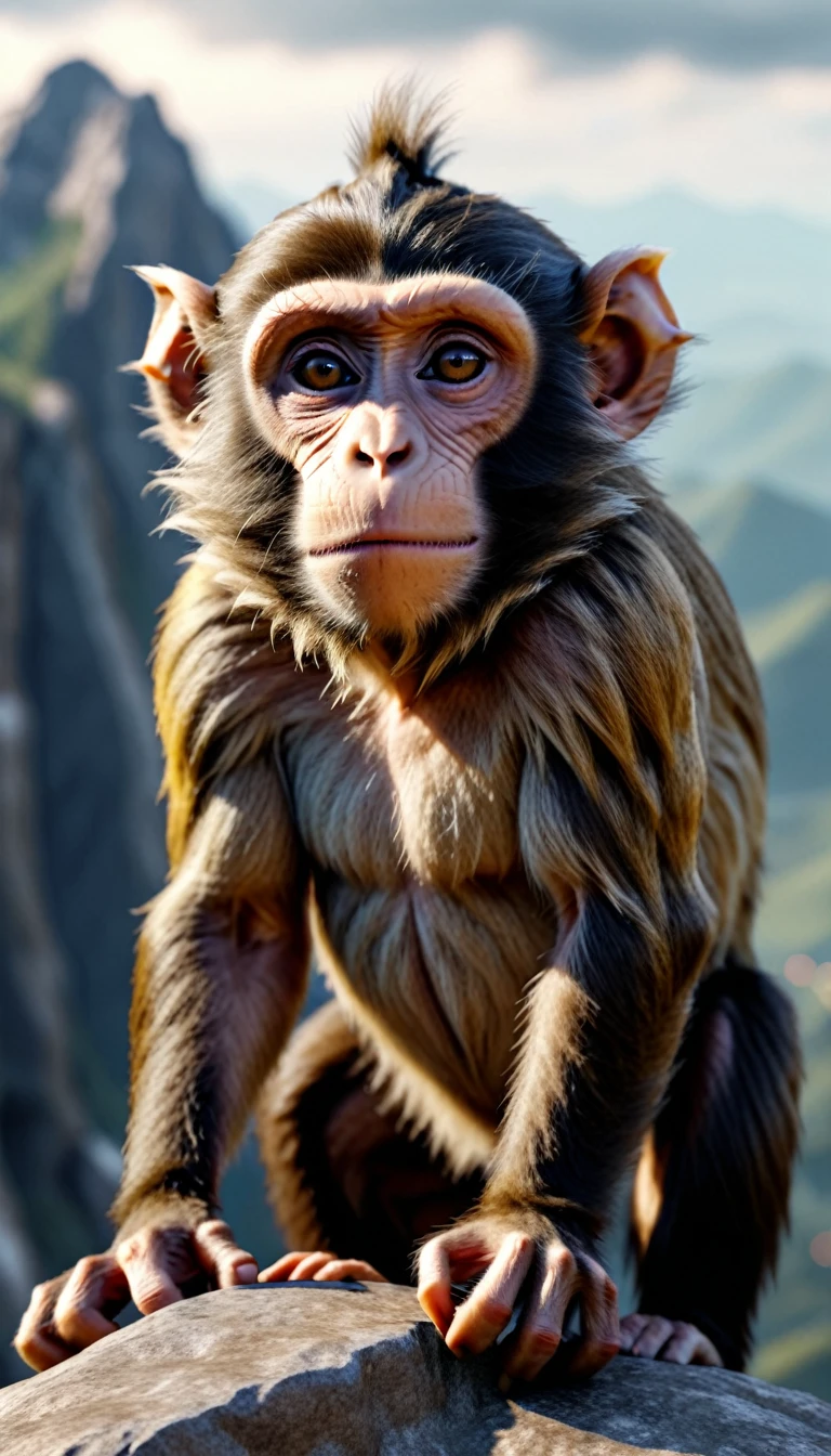 There is a wild beast on the mountain，Looks like a monkey but has four ears(best quality，4K，8K，High level，masterpiece：1.2），Ultra Detailed，（lifelike，Photo real，Photo real：1.37），Highly detailed animals，Realistic lighting，Fantasy Creatures