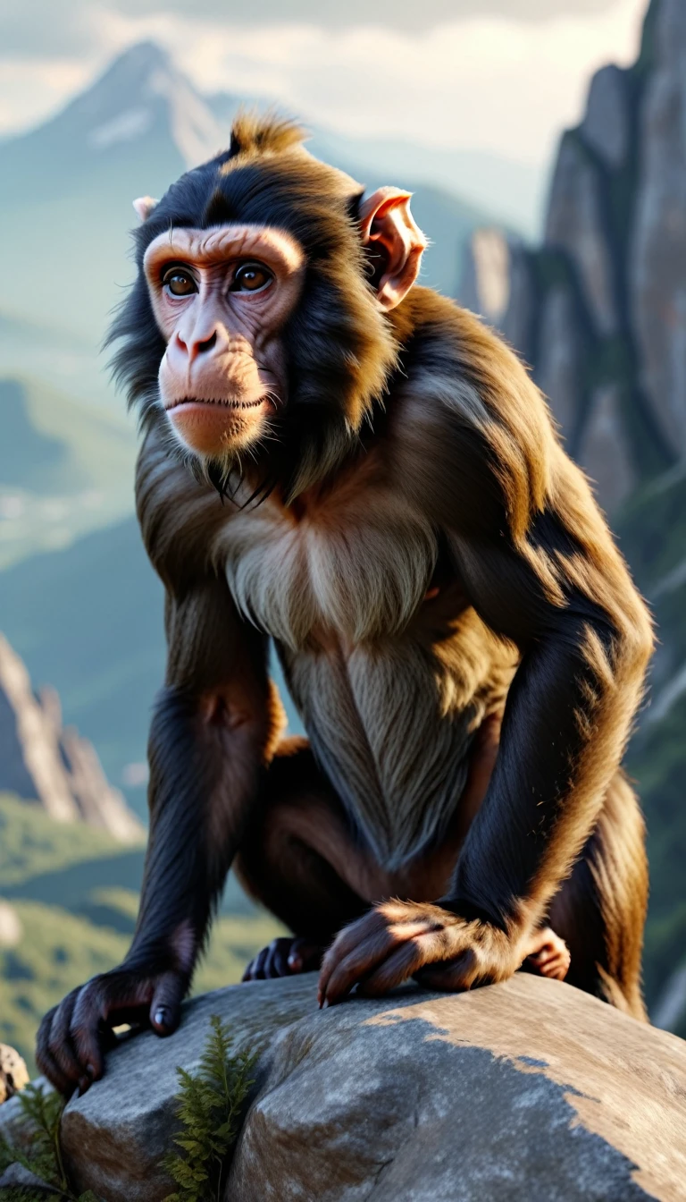 There is a wild beast on the mountain，Looks like a monkey but has four ears(best quality，4K，8K，High level，masterpiece：1.2），Ultra Detailed，（lifelike，Photo real，Photo real：1.37），Highly detailed animals，Realistic lighting，Fantasy Creatures