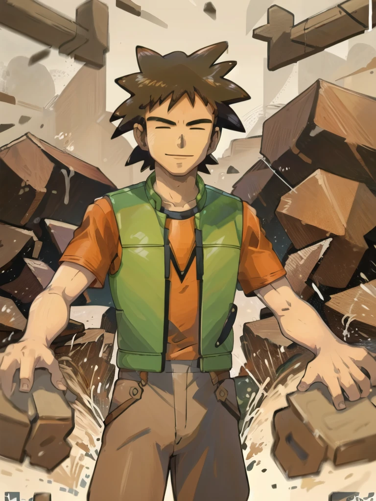 (masterpiece, best quality:1.2), hdr, 1boy, brock (pokemon), forest, brown pants, orange shirt, short sleeves, green vest, open vest,looking at viewer,smile