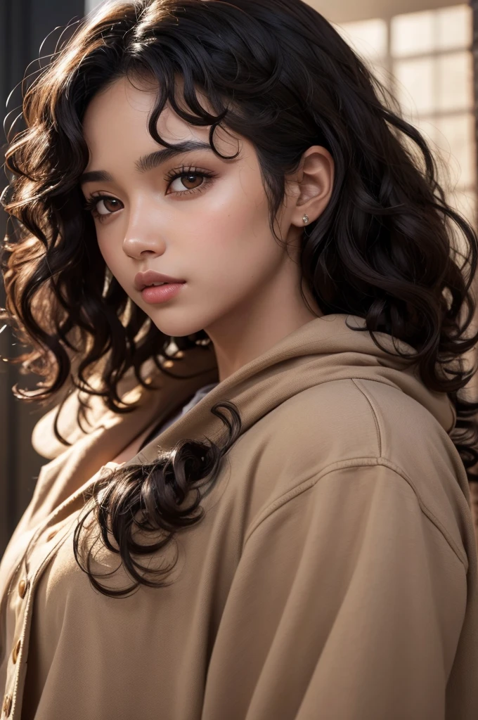 A character with black curly hair, light brown skin, dark brown eyes, she's wearing a red sweatshirt, ripped cargo pants