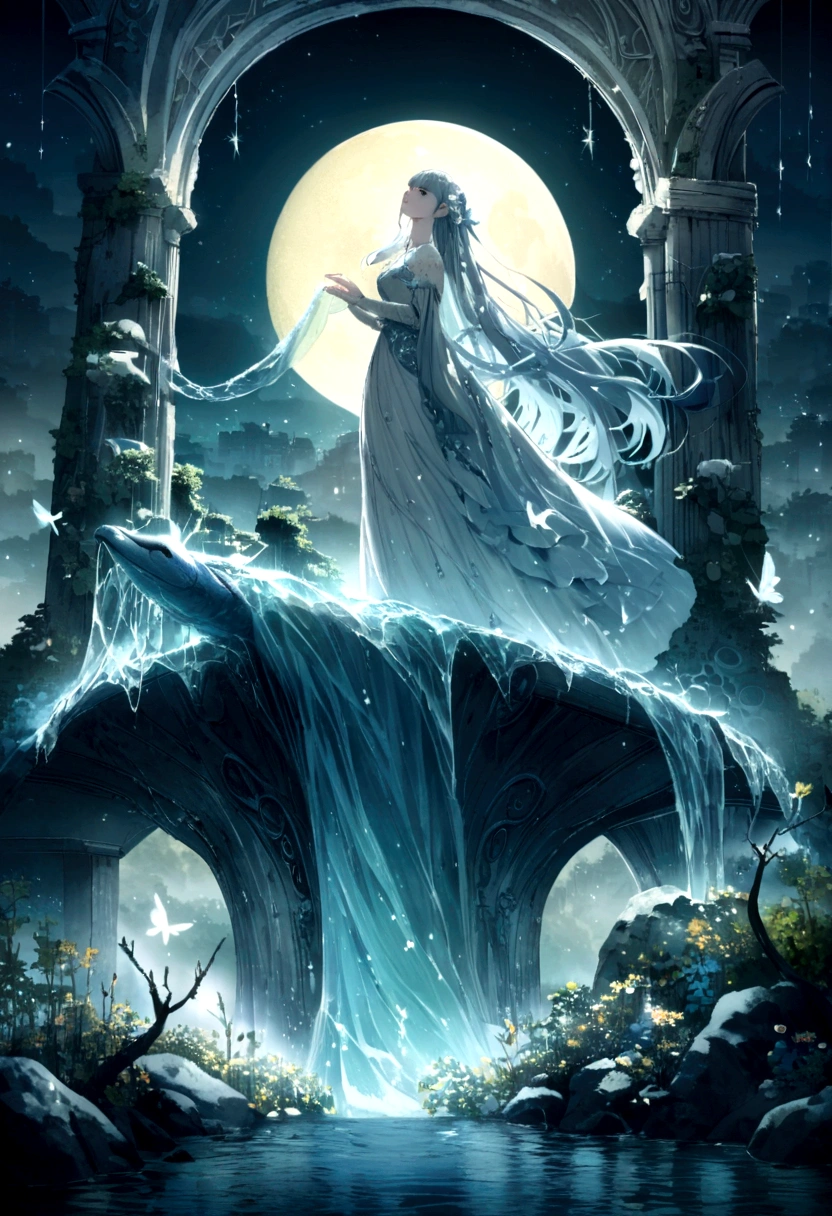 The river sparkles under the moonlight,As the tide surges,It seems as if the moonlight is flowing far away。