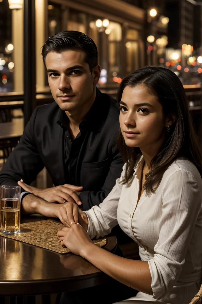 ((best quality)), ((masterpiece)), (detailed), perfect face Adrian and Isabella sit at a small table, leaning in slightly as they engage in deep conversation. Adrian's expression is attentive and interested, while Isabella gestures lightly, her face illuminated by the soft, ambient light. The cityscape behind them adds a romantic touch to the scene.