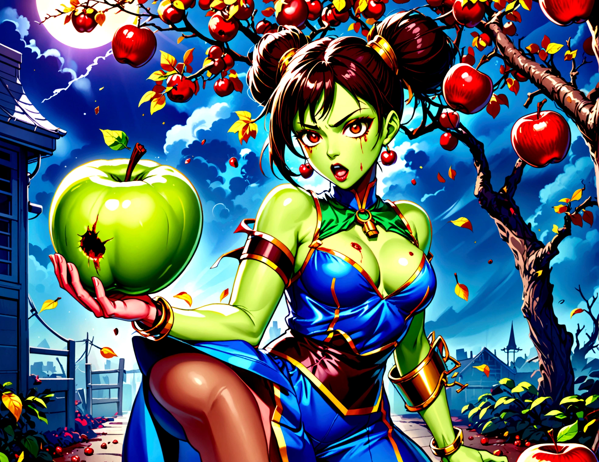 (street Fighter 2 16 bit game) Custom character 'treeman' (evil apple tree man from Wizard of Oz, dark bark skin, apples hanging in his hair) is tossing apples at and battling (subject 2: Zombie Chun Li (sexy fighting outfit, battle damage, green skin, zombie shamble, kinda gross)
