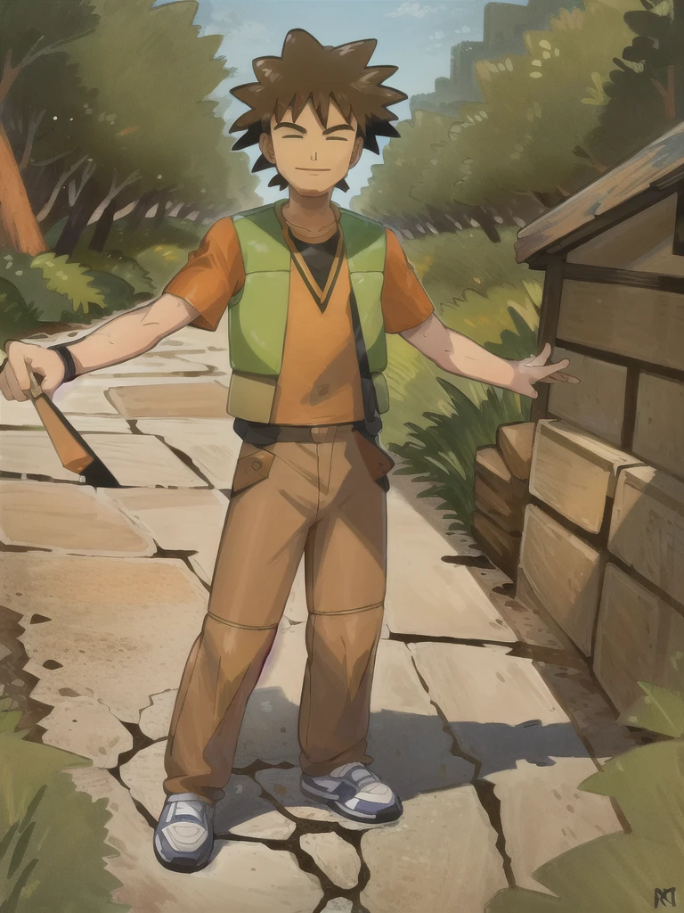 (masterpiece, best quality:1.2), hdr, 1boy, brock (pokemon), forest, brown pants, orange shirt, short sleeves, green vest, open vest,looking at viewer,smile