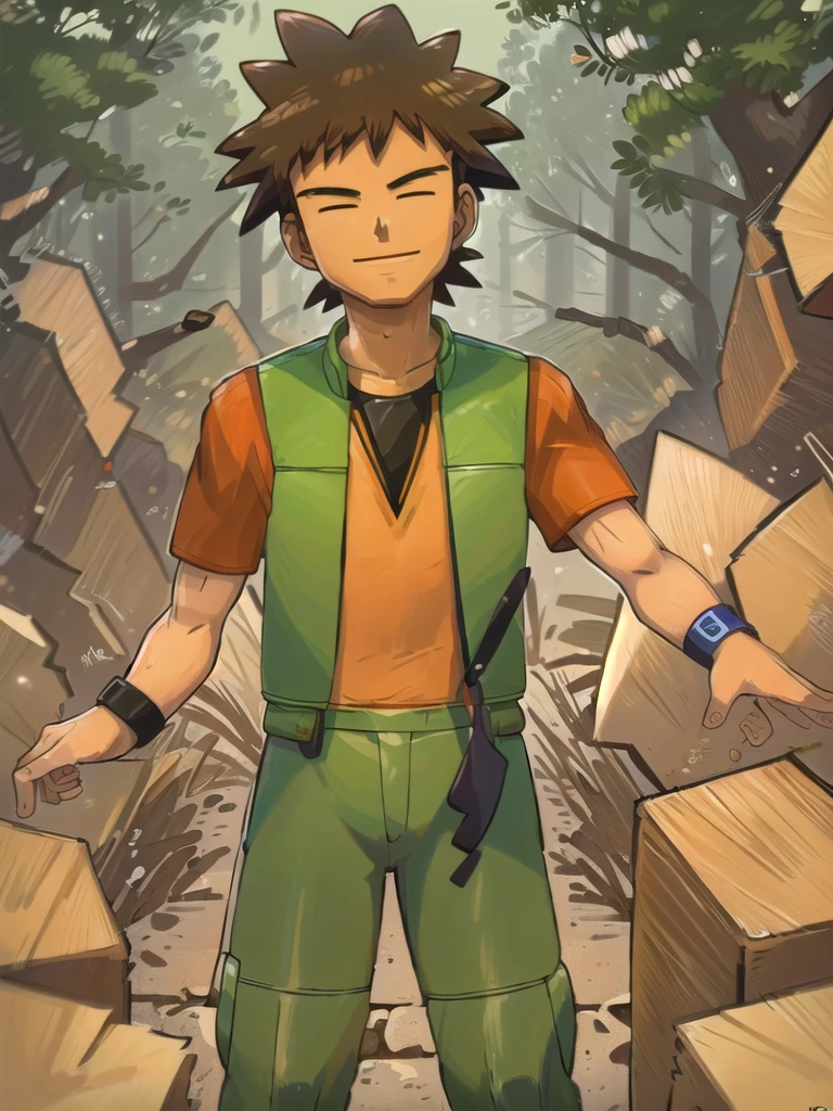 (masterpiece, best quality:1.2), hdr, 1boy, brock (pokemon), forest, brown pants, orange shirt, short sleeves, green vest, open vest,looking at viewer,smile