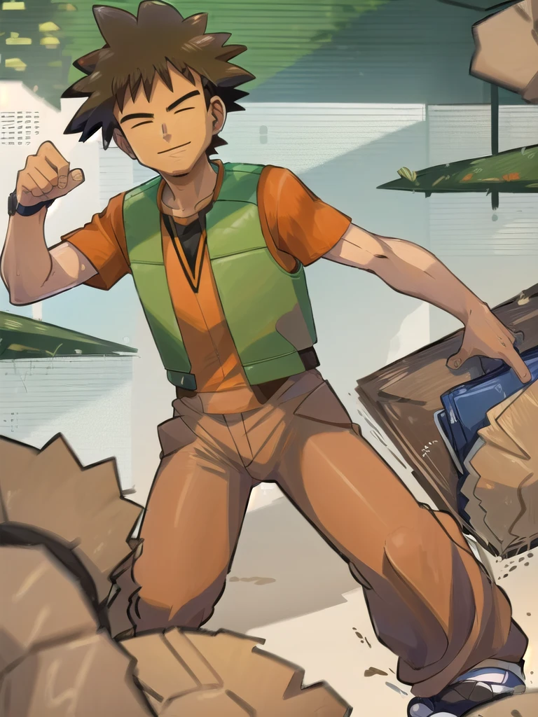 (masterpiece, best quality:1.2), hdr, 1boy, brock (pokemon), forest, brown pants, orange shirt, short sleeves, green vest, open vest,looking at viewer,smile