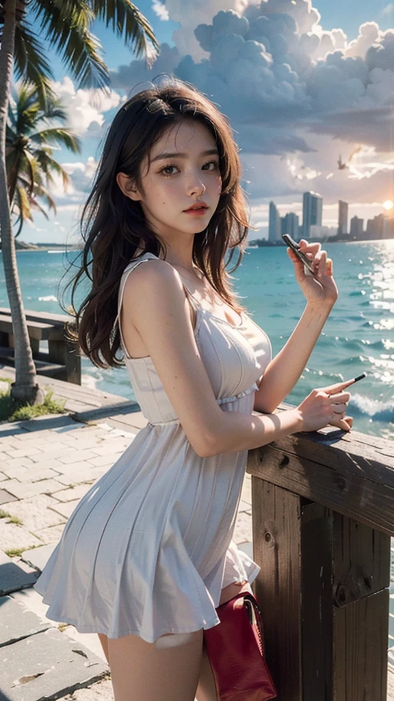 best quality, masterpiece, photo realistic, intricate details, raw photo, photon rendering, octane render, absurdres, ultra detailed, detailed face, detailed skin, trending on artstation,8k masterpiece,cinematic lighting, scenery, beach, sky, city, cloud, outdoors, sunset, city lights, coconut trees, pleated minidress