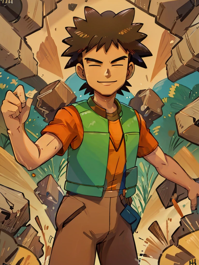 (masterpiece, best quality:1.2), hdr, 1boy, brock (pokemon), forest, brown pants, orange shirt, short sleeves, green vest, open vest,looking at viewer,smile