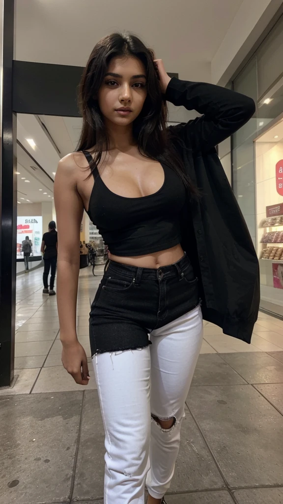 Create a full image of a sharp face cute and lovely indian women age is 16 years old ,she have big emerged breast , Slim waist , hot figure,looking so pretty ,model And she wears a black top and black jeans , and air jordan white snaekaers ,, a,hot , standing in the shopping mall and night view and walking