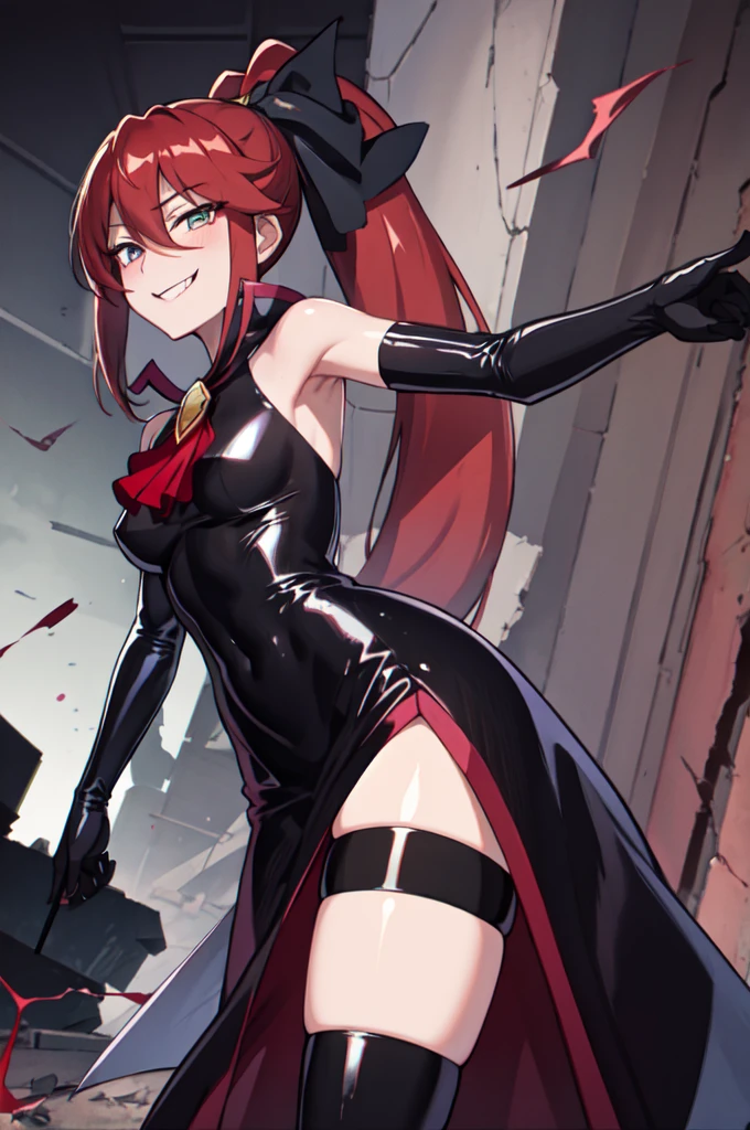 Highest quality, masterpiece, One Girl,Not beautiful, Red Ponytail, Long dress, brooch, Hair Ribbon, - Elbow hand pockets, Black knee socks, Standing on the rubble, (Wicked Smile:1.1), ,,Dark shadowed face,ic smile,Malice,Contempt,smile,latex,Bad face,,Red Skirt,two hands,two legs,five fingers,evil background,elbow gloves,latex, Wicked Smile, devilish aura (Shiny fabric:1.5)