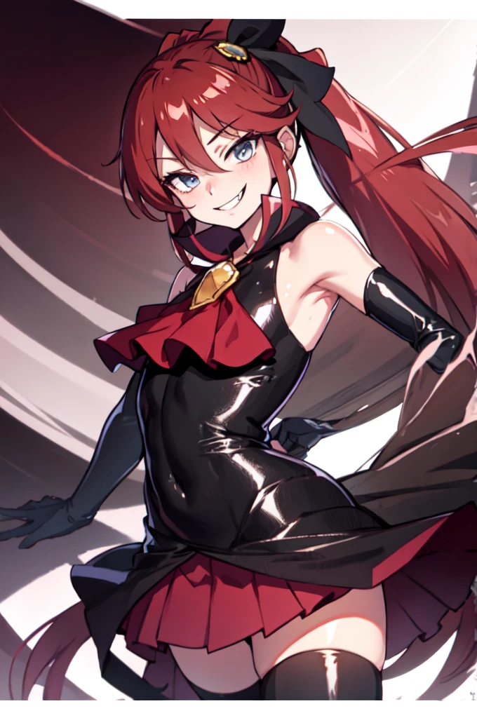 Highest quality, masterpiece, One Girl,Not beautiful, Red Ponytail, Long dress, brooch, Hair Ribbon, - Elbow hand pockets, Black knee socks, Standing on the rubble,  (Wicked Smile:1.1), ,,Dark shadowed face,Sadistic smile,Malice,Contempt,smile,latex,Bad face,,Red Skirt,two hands,two legs,five fingers,evil background,elbow gloves,latex, Wicked Smile, devilish aura (Shiny fabric:1.5)


