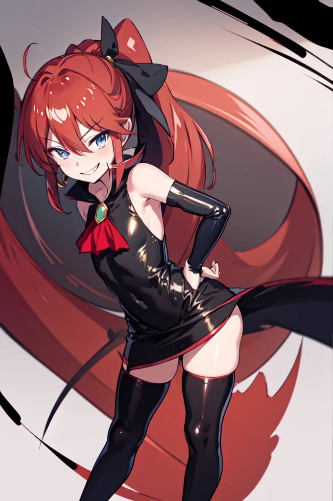 Highest quality, masterpiece, One Girl,Not beautiful, Red Ponytail, Long dress, brooch, Hair Ribbon, - Elbow hand pockets, Black knee socks, Standing on the rubble, (Wicked Smile:1.1), ,,Dark shadowed face,Sadistic smile,Malice,Contempt,smile,latex,Bad face,,Red Skirt,two hands,two legs,five fingers,evil background,elbow gloves,latex, Wicked Smile, devilish aura (Shiny fabric:1.5)