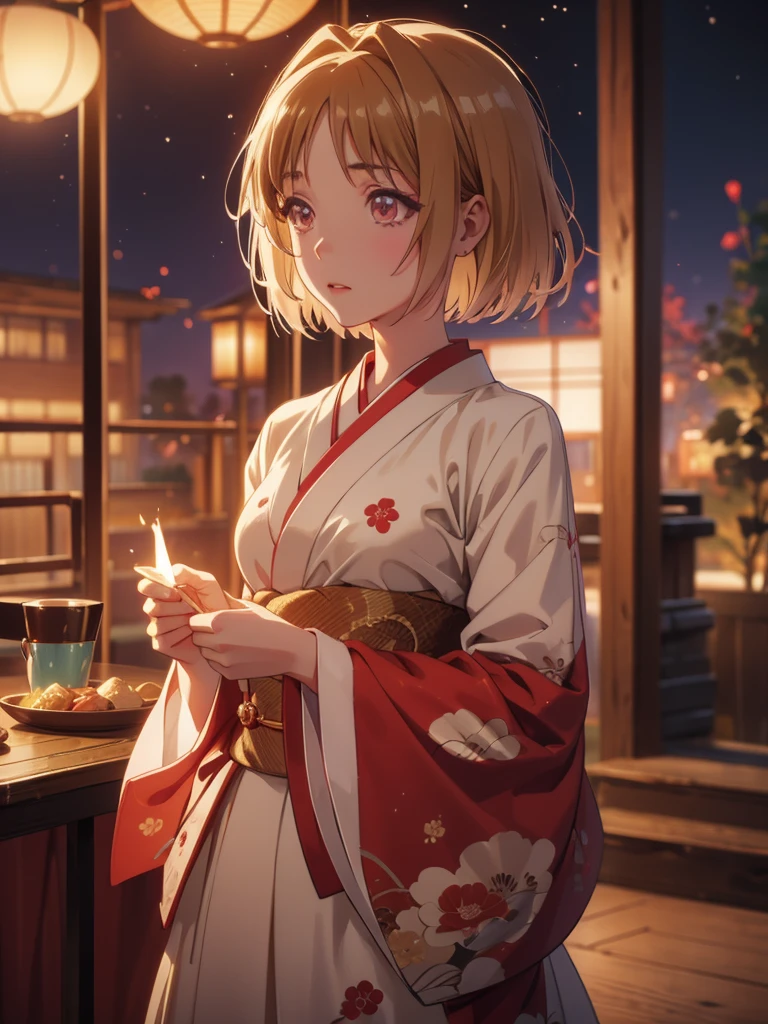 Kushida Kikyou, kimono night in firework , beige hair colour, crimson gradient eyes colour , short hair