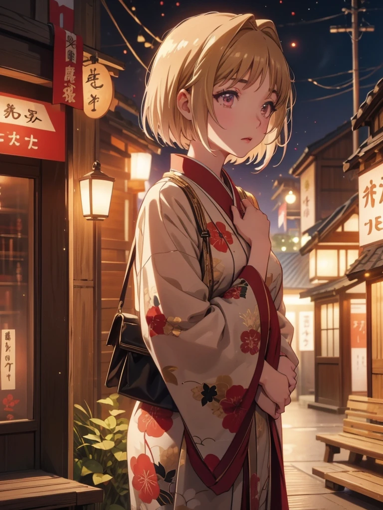 Kushida Kikyou, kimono night in firework , beige hair colour, crimson gradient eyes colour , short hair