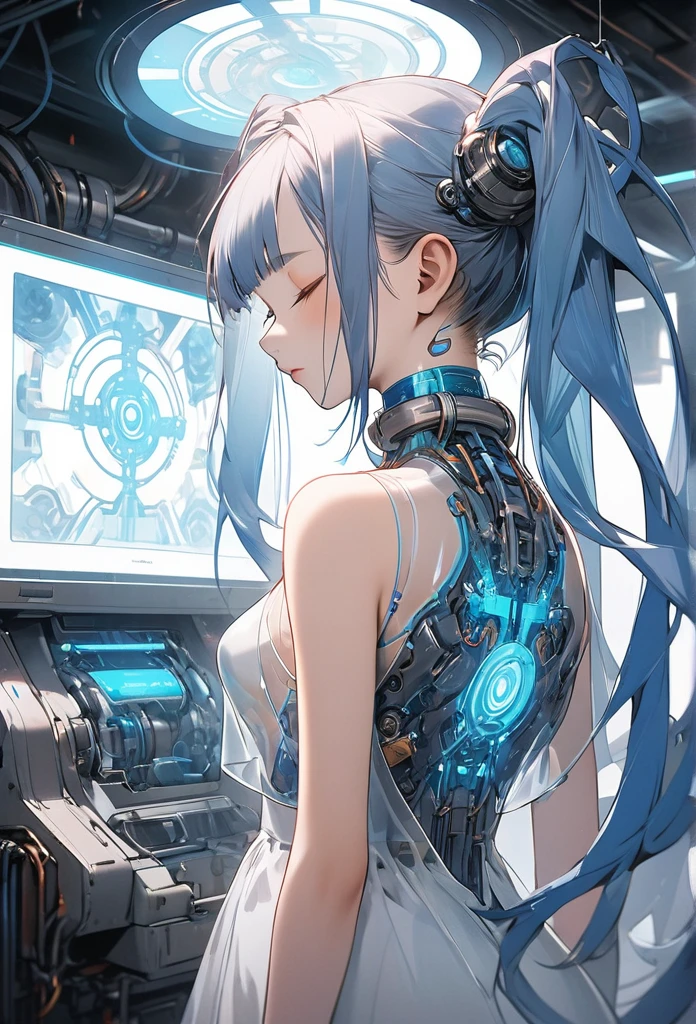 intricate illustration in imaginative and cyberpunk surrealist art style, bust of a translucent blue twin-tailed ether machine girl from a transparent large culture tank, blue and white mechanical body, blue tubes resembling blood vessels connected to neck and back, clear blue culture solution in the tank up to shoulders, tube connected to an external machine, girl with eyes closed looking down,Full body view from the front, high quality, high precision, 4k, 8k, ultra detailed