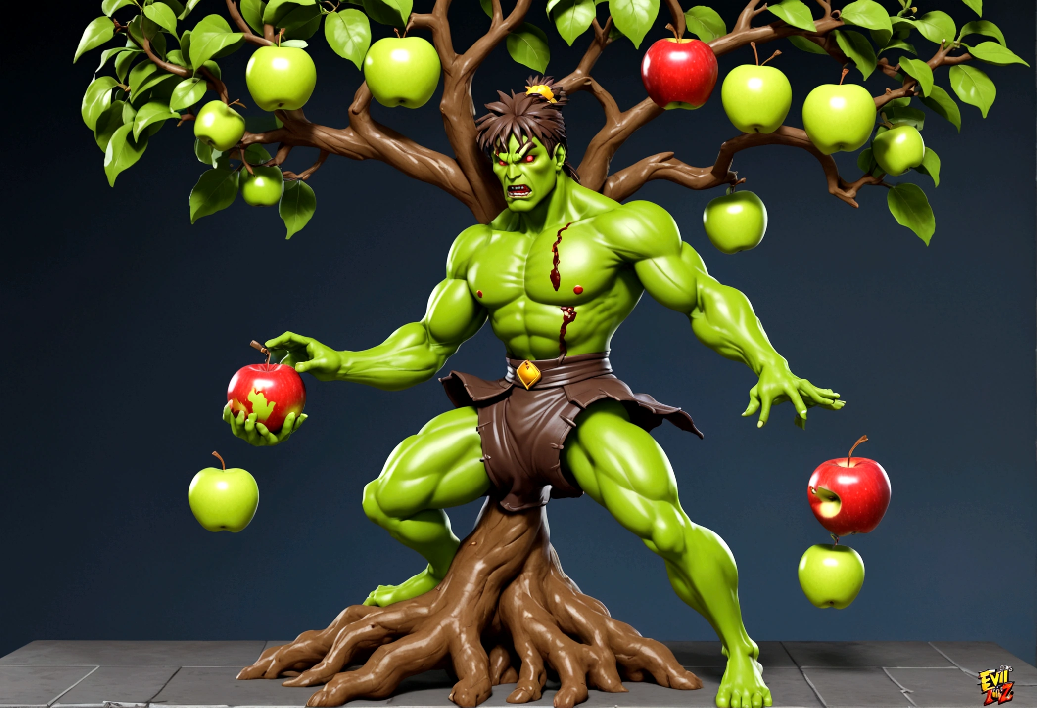 (street Fighter 2 16 bit game) Custom character 'treeman' (evil apple tree man from Wizard of Oz, dark bark skin, apples hanging in his hair) is tossing apples at and battling (subject 2: Zombie Chun Li (sexy fighting outfit, battle damage, green skin, zombie shamble, kinda gross)