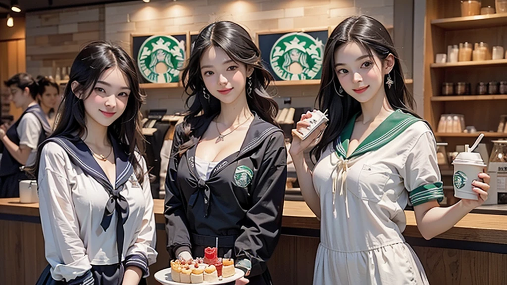 8K、RAW Photos、Highest quality、Super detailed、Super Resolution、Ultra HD、8K壁紙、Amazing details
(((Inside the Starbucks store)))、((((16 year old high school girl in sailor suit))))、Eat cake、Drink coffee、smile、Heart Necklace(((Emphasize cleavage)))
(Full body photo)