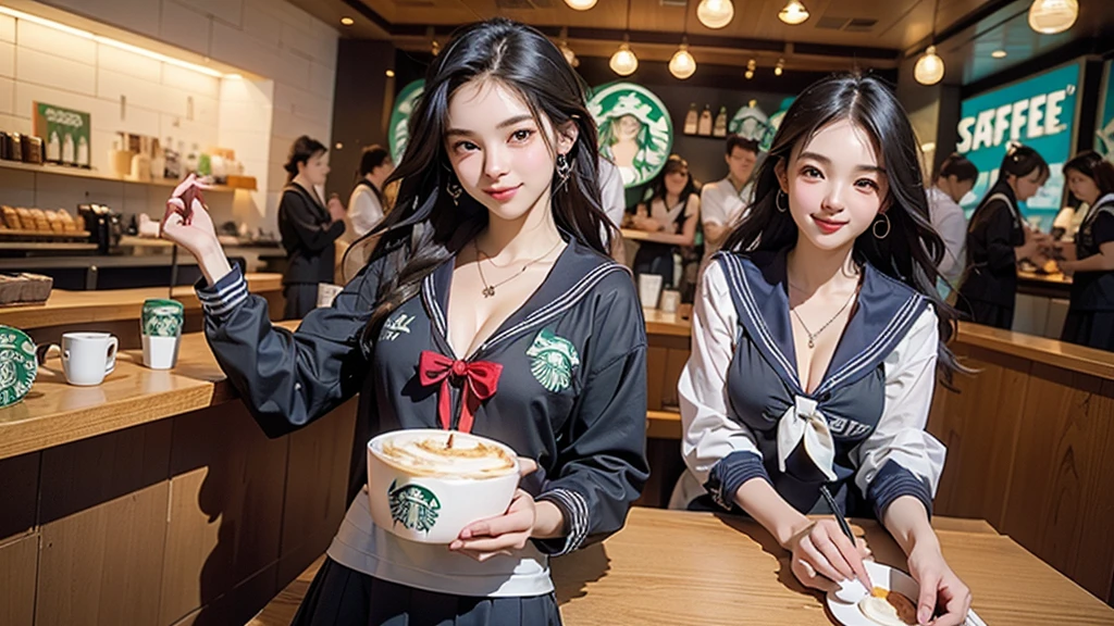 8K、RAW Photos、Highest quality、Super detailed、Super Resolution、Ultra HD、8K壁紙、Amazing details
(((Inside the Starbucks store)))、((((16 year old high school girl in sailor suit))))、Eat cake、Drink coffee、smile、Heart Necklace(((Emphasize cleavage)))
(Full body photo)