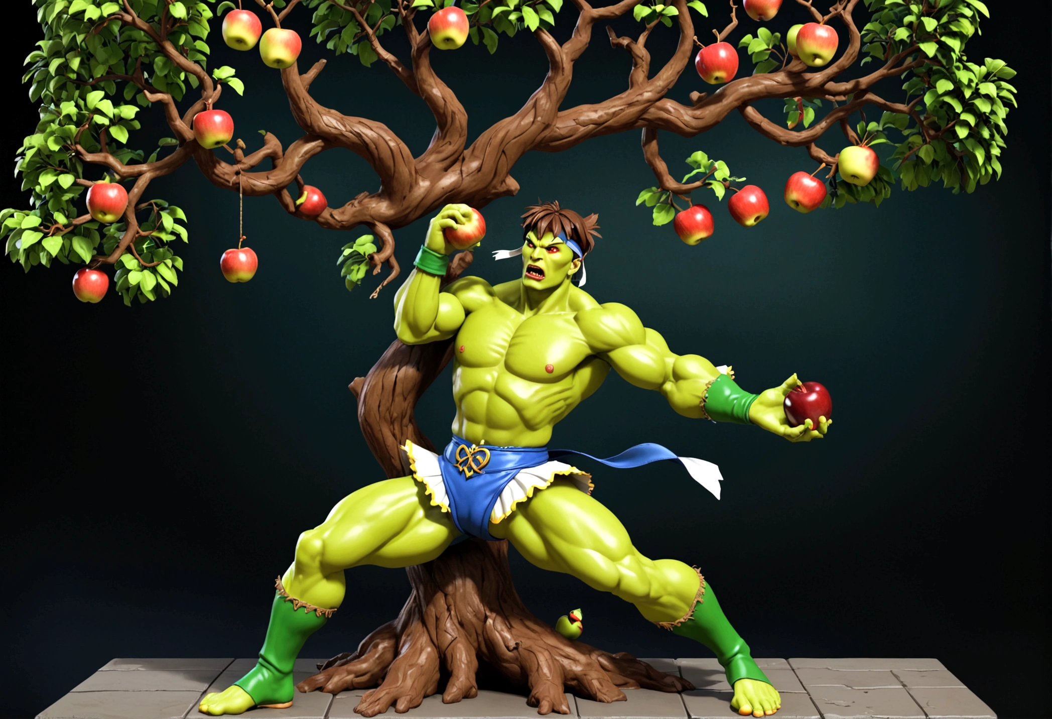 (street Fighter 2 16 bit game) Custom character 'treeman' (evil apple tree man from Wizard of Oz, dark bark skin, apples hanging in his hair) is tossing apples at and battling (subject 2: Zombie Chun Li (sexy fighting outfit, battle damage, green skin, zombie shamble, kinda gross)