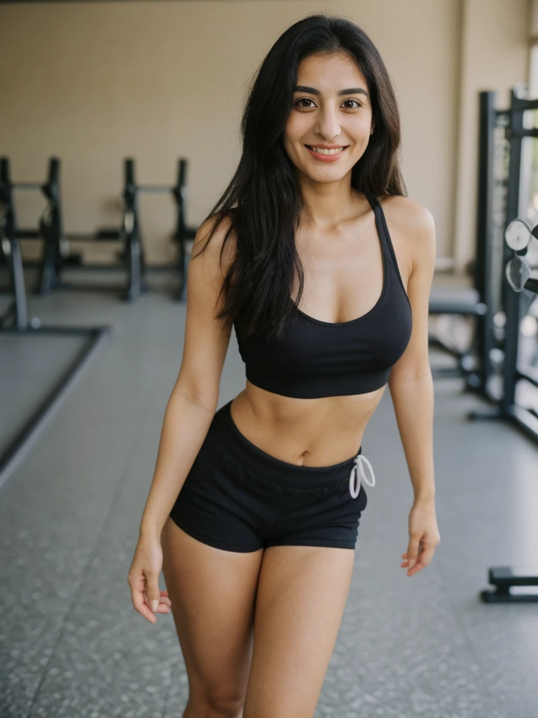 Tzu, black hair, Palestinian woman, ((30-year-old)), (Palestinian skin), (Palestinian eyes), (Palestinian nose), (Palestinian lips), (Palestinian standard face), ordinary Palestinian woman, smiling, hair bobbles, deep eyes, consistent image, ((upper body and upper legs)), wearing a top and shorts wide shot, (((leaning))), (((inside gymnasium indoor)))