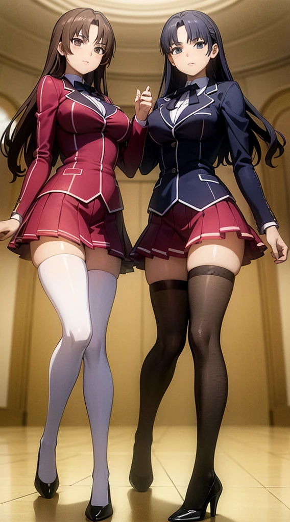 A masterfully detailed painting of two identical twin girls with curly brown hair, hazel eyes, and medium-sized busts, wearing sexy school uniforms consisting of a blazer, lace sections, ribbons, rainbow short skirts, white thigh-high socks, and black high heels, posing seductively with matching outfits and bright, flat colors, showcasing their full bodies in a duo pose.