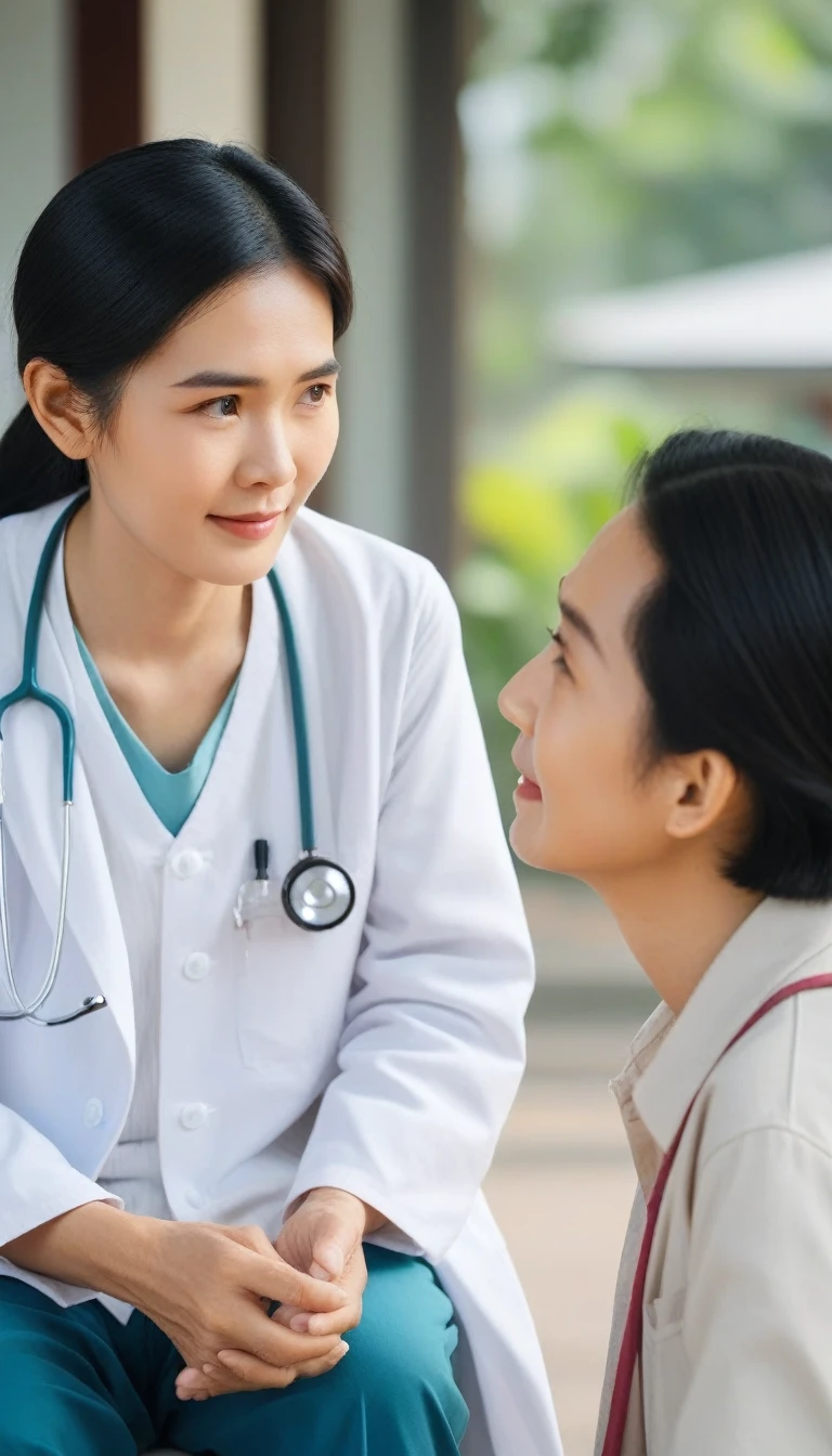 A young Thai doctor, black hair, handsome, smart. Sitting and talking with a patient, who is an old grandmother, white hair, wearing casual clothes.