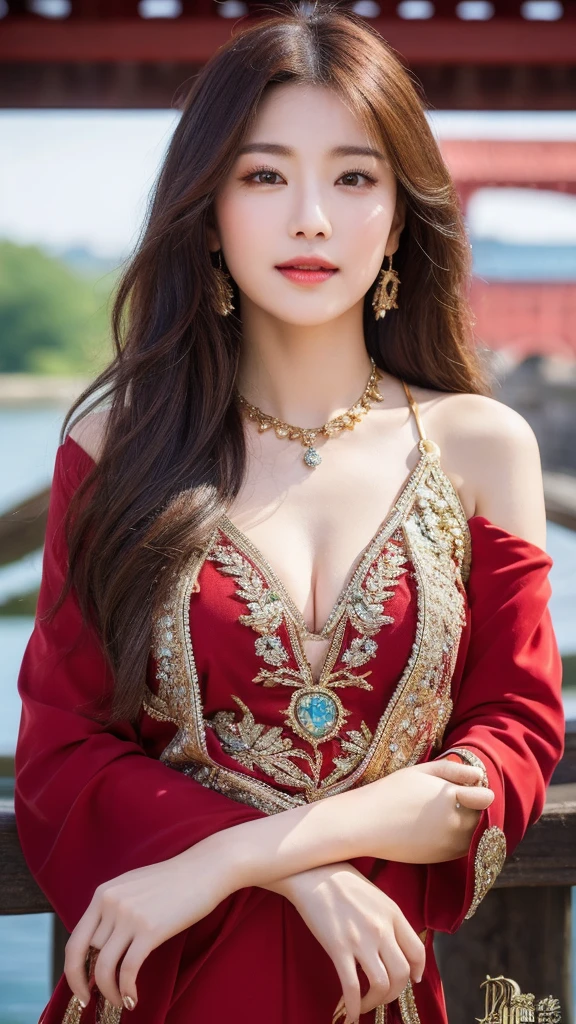 (lifelike, high resolution:1.3), close up,Chinese Beauty,An old stone bridge in the background,Water gurgles under the bridge,The night is filled with a light mist。She has a string of red agate hanging around her neck.,Warm color。She has retro wavy hair,Smile,There was a subtle glimmer of wit in his eyes.。She was wearing a dark red Tang suit.,Gold embroidery on cuffs,Noble and mysterious。Under high-definition lens,Her style is like an exquisite card,It's hard to look away。