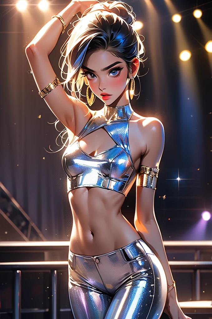 1girl,a beautiful fashion model ,(masterpiece, official art, best quality) (perfect eyes) , shiny blue hairfull lips, cute nose, medium , , elegant makeup, exhibitionism, naked in public, , slim thighs, toned body, shiny skin, sexy pose,,(( (slender, slim))), gold hoop earrings, eyeshadow, cute face,embarrassed, coy, surprised, blush, glittery skin, girl dancing on stage, skinny thighs, narrow hips, living outfit, toned stomach, , . , tattoos