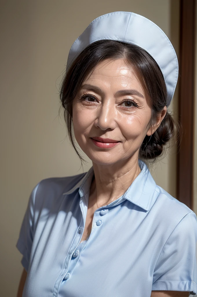 (masterpiece:1.4),(67-year-old woman:1.5),(facial wrinkles 1.2), (hair tied up : 1), A kind smile,maternal, Mature Woman, (dressed as a nurse : 1.2), (white collared Short sleeve uniform of nurse : 1.3), acnes, skin blemishes, fleckles, Nurse's hat