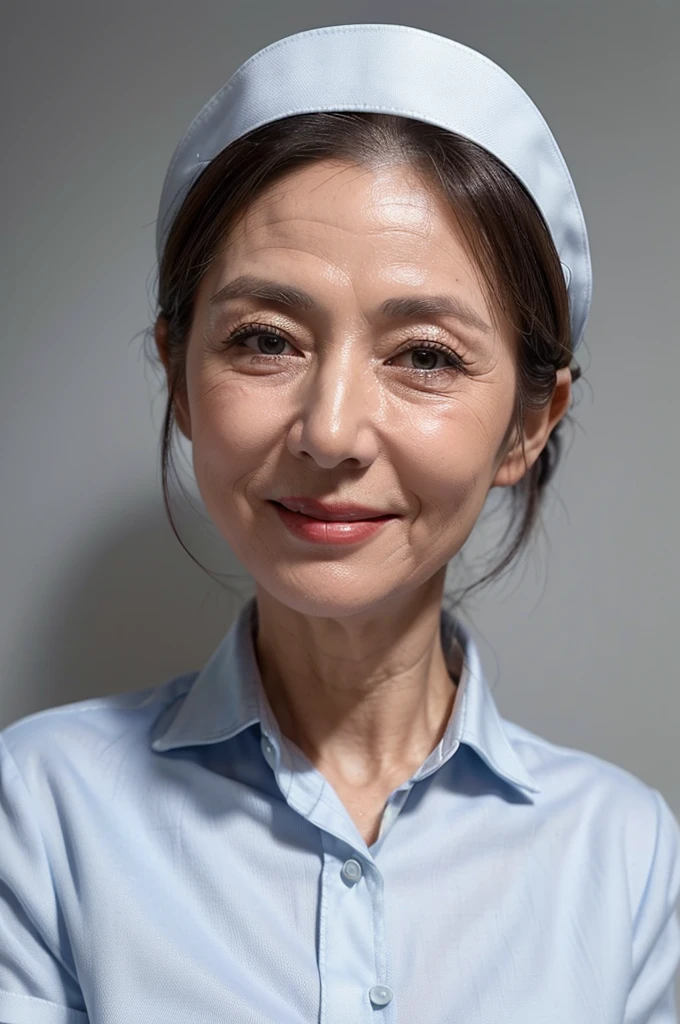 (masterpiece:1.4),(67-year-old woman:1.5),(facial wrinkles 1.2), (hair tied up : 1), A kind smile,maternal, Mature Woman, (dressed as a nurse : 1.2), (white collared Short sleeve uniform of nurse : 1.3), acnes, skin blemishes, fleckles, Nurse's hat