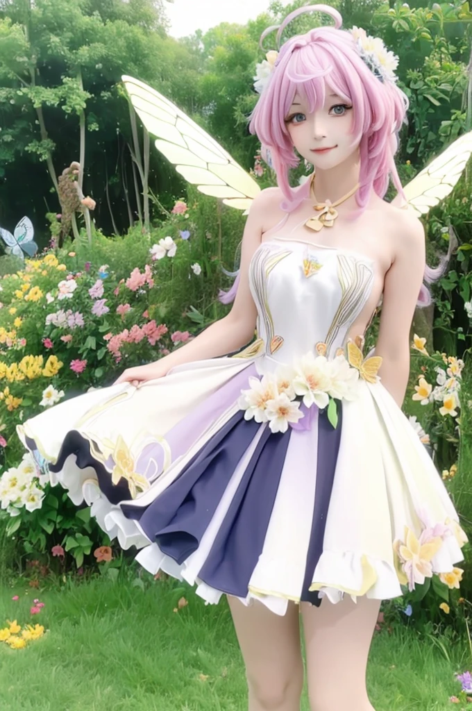 "((Innocent)) girl, golden hour, dreamy meadow, ethereal, whimsical, flowing dress, soft sunlight, enchanting, butterfly wings, (Pastel clouds), liquid reflections super resolution realistic flower crown flower dress flower garden 